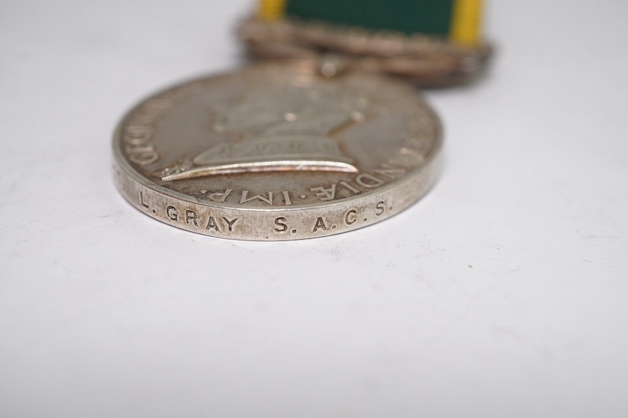 Three assorted medals; GVI (B) Union of South Africa Efficiency medal to S/Sgt.L.Gray S.A.C.S.; GV Imperial Service medal to George Moffatt; United Nations Korea medal. Condition - fair to good.